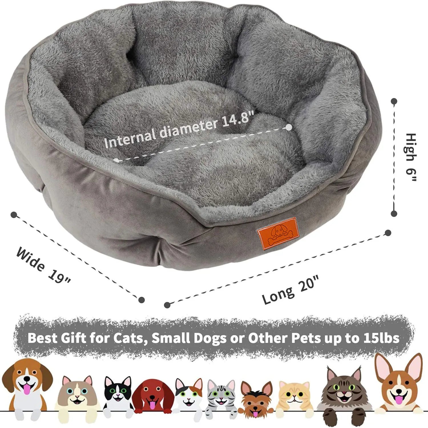 Pet Bed for Small and Large Pets, Soft, Washable, Non-Slip Base, Water Resistant, Grey, 50 Cm
