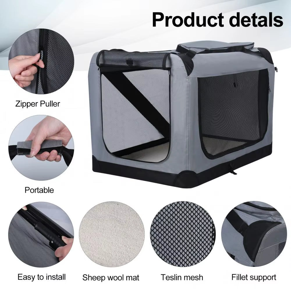 Foldable Pet Bed, Mesh Material Doors and Windows, Portable Travel Folding Pet Cage, Pet Box with Zipper Pocket, Soft Lining